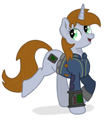 Size: 506x565 | Tagged: safe, artist:dijhojee, imported from derpibooru, oc, oc only, oc:littlepip, pony, unicorn, fallout equestria, clothes, cutie mark, fallout, fanfic, fanfic art, female, hooves, horn, jumpsuit, mare, open mouth, pipbuck, simple background, solo, transparent background, vault suit