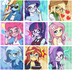 Size: 878x850 | Tagged: safe, artist:caibaoreturn, imported from derpibooru, applejack, fluttershy, pinkie pie, rainbow dash, rarity, sci-twi, starlight glimmer, sunset shimmer, trixie, twilight sparkle, equestria girls, adorkable, anime, barrette, beanie, blushing, book, bracelet, cardigan, china ponycon, clothes, cowboy hat, crossed arms, crystal prep academy uniform, cute, cutie mark background, cutie mark on clothes, dashabetes, diapinkes, diatrixes, dork, dress, female, freckles, glasses, glasses rarity, glimmerbetes, hairclip, hairpin, hat, hoodie, humane five, humane nine, humane seven, humane six, jackabetes, jacket, jewelry, looking at you, magical quartet, magical quintet, mane six, meganekko, necktie, nonet, open mouth, peace sign, ponytail, pose, raribetes, rarity's glasses, school uniform, selfie, shimmerbetes, shirt, shyabetes, smiling, specs appeal, stetson, sunglasses, sunspecs shimmer, sweatband, tanktop, twiabetes, uniform, vest, wristband