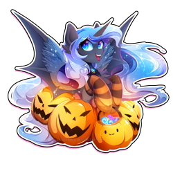 Size: 2200x2200 | Tagged: safe, artist:koveliana, imported from derpibooru, princess luna, alicorn, pony, bat wings, clothes, female, halloween, happy, holiday, jack-o-lantern, mare, pumpkin, simple background, socks, solo, striped socks, sweet dreams fuel, transparent background, wings