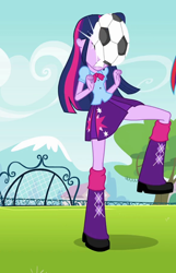 Size: 576x896 | Tagged: safe, imported from derpibooru, screencap, twilight sparkle, equestria girls, equestria girls (movie), clothes, cropped, female, football, leg warmers, ouch, pleated skirt, shoes, skirt, sports, twilight sparkle (alicorn)