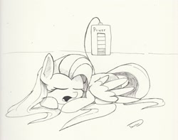 Size: 2479x1954 | Tagged: safe, artist:taurson, imported from derpibooru, fluttershy, pegasus, pony, charging, eyes closed, female, inktober, inktober 2018, mare, monochrome, open mouth, power bank, prone, recharging, sleeping, solo, traditional art, wings