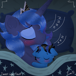 Size: 1280x1280 | Tagged: safe, artist:darkest-lunar-flower, imported from derpibooru, princess luna, oc, oc:moonrise, alicorn, pony, alicorn oc, baby, baby pony, bedsheets, blushing, colt, commission, female, foal, jewelry, male, mare, maternaluna, mother and son, next generation, offspring, parent:princess luna, pillow, regalia, sleeping, smiling