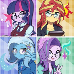 Size: 555x555 | Tagged: safe, artist:caibaoreturn, edit, imported from derpibooru, sci-twi, starlight glimmer, sunset shimmer, trixie, twilight sparkle, equestria girls, adorkable, anime, barrette, beanie, book, clothes, crystal prep academy uniform, cute, cutie mark background, diatrixes, dork, dress, female, glasses, glimmerbetes, group, hairclip, hairpin, hat, hoodie, jacket, looking at you, magical quartet, meganekko, necktie, open mouth, peace sign, ponytail, quartet, school uniform, shimmerbetes, shirt, smiling, sunspecs shimmer, twiabetes, uniform, vest