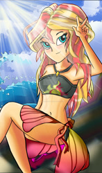 Size: 1024x1740 | Tagged: safe, artist:twiley-sparkle, imported from derpibooru, sunset shimmer, equestria girls, equestria girls series, forgotten friendship, belly button, deviantart watermark, female, midriff, obtrusive watermark, sarong, side slit, solo, summer sunset, watermark