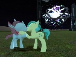 Size: 1024x768 | Tagged: safe, artist:ma3a, derpibooru exclusive, imported from derpibooru, ocellus, sandbar, changedling, changeling, pony, 3d, contact, eyes closed, gmod, grass, implied infidelity, kiss on the lips, kissing, machine, machine saga timeline, night, ocelbar, portal, ring, shipping