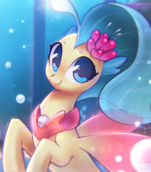 Size: 1100x1258 | Tagged: safe, artist:mirroredsea, imported from derpibooru, princess skystar, seapony (g4), my little pony: the movie, bubble, cute, female, looking at you, skyabetes, smiling, solo, underwater