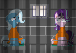 Size: 2120x1500 | Tagged: safe, artist:spellboundcanvas, imported from derpibooru, starlight glimmer, trixie, pony, bed, clothes, duo, horn cap, magic suppression, prison, prison outfit, prisoner, prisoner sg, prisoner tx, window