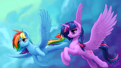 Size: 1920x1080 | Tagged: safe, artist:1jaz, imported from derpibooru, rainbow dash, twilight sparkle, alicorn, pegasus, pony, female, flying, lesbian, mare, shipping, twidash, twilight sparkle (alicorn)