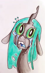 Size: 2066x3348 | Tagged: source needed, safe, artist:smirk, imported from derpibooru, queen chrysalis, changeling, changeling queen, bust, crying, crysalis, female, floppy ears, sad, solo, traditional art