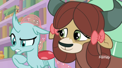 Size: 1920x1080 | Tagged: safe, edit, edited screencap, imported from derpibooru, screencap, ocellus, yona, changedling, changeling, yak, what lies beneath, bow, cute, diaocelles, female, hair bow, library, monkey swings, pony eyes, pony eyes edit, slit pupils, tired, yonadorable