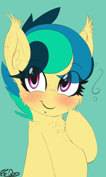 Size: 1350x2251 | Tagged: safe, artist:freefraq, imported from derpibooru, oc, oc only, oc:apogee, pegasus, pony, blue background, blushing, cute, female, filly, freckles, signature, simple background, smiling, solo