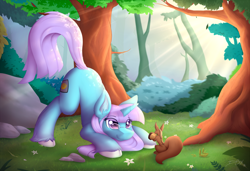 Size: 1280x877 | Tagged: safe, artist:d-sixzey, artist:dsixzey, imported from derpibooru, oc, oc only, oc:lemon code, pony, squirrel, unicorn, acorn, commission, digital art, eye clipping through hair, face down ass up, female, forest, glasses, grass, mare, pink hair, pink mane, pink tail, rock, smiling, solo, tree, unshorn fetlocks, ych result