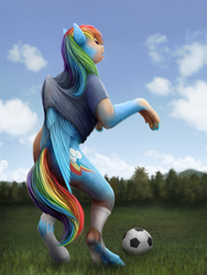 Size: 750x1000 | Tagged: safe, artist:geoffrey mcdermott, imported from derpibooru, rainbow dash, pegasus, pony, clothes, football, human to pony, looking back, open mouth, shirt, socks, solo, sports, standing, torn clothes, transformation, wings