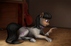 Size: 1000x650 | Tagged: safe, artist:geoffrey mcdermott, imported from derpibooru, octavia melody, earth pony, pony, bowtie, cello, clothes, crying, human to pony, musical instrument, piano, prone, raised hoof, ripping clothes, skirt, solo, stockings, thigh highs, transformation, watch, wristwatch
