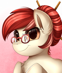 Size: 1722x2003 | Tagged: safe, artist:pridark, imported from derpibooru, oc, oc only, earth pony, pony, bust, female, glasses, gradient background, hair bun, mare, smiling