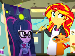 Size: 1011x758 | Tagged: safe, edit, edited screencap, editor:gay-horse, editor:thiscatisonfire, imported from derpibooru, screencap, sci-twi, sunset shimmer, twilight sparkle, eqg summertime shorts, equestria girls, equestria girls series, star crossed, the art of friendship, blushing, cute, exploitable meme, female, geode of telekinesis, lesbian, meme, painting, scitwishimmer, shimmerbetes, shipping, sunset's painting, sunsetsparkle, twiabetes