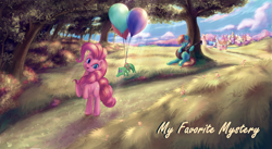 Size: 4196x2292 | Tagged: safe, artist:stratodraw, imported from derpibooru, gummy, pinkie pie, oc, earth pony, pony, acoustic guitar, balloon, female, forest, guitar, male, mare, musical instrument, ponyville, smiling, stallion, tree