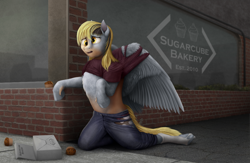 Size: 1000x650 | Tagged: safe, artist:geoffrey mcdermott, imported from derpibooru, derpy hooves, pegasus, pony, bakery, box, clothes, derpy day, derpy day 2018, food, human to pony, kneeling, muffin, pants, ripping clothes, shirt, socks, solo, transformation