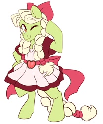 Size: 1800x2150 | Tagged: safe, artist:canisrettmajoris, imported from derpibooru, granny smith, pony, bipedal, bow, clothes, dress, female, hair bow, mare, one eye closed, simple background, smiling, solo, white background, wink, young granny smith, younger