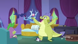 Size: 1920x1080 | Tagged: safe, imported from derpibooru, screencap, rarity, sludge (dragon), spike, dragon, father knows beast, bedroom, book, crush plush, drawer, male, plushie, rarity plushie, sludge (g4), stepping on something, stomping, window, winged spike, wings