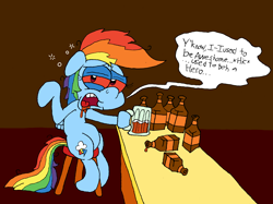 Size: 3251x2438 | Tagged: safe, artist:dragonboi471, imported from derpibooru, rainbow dash, pony, alcohol, beer, bottle, dashaholic, drunk, drunk bubbles, drunker dash, female, mug, red eyes, solo, story included