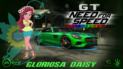 Size: 1364x768 | Tagged: safe, artist:nfs2015, imported from derpibooru, gloriosa daisy, equestria girls, car, female, hasbro logo, mercedes-amg gt, mercedes-benz, need for speed, need for speed: most wanted, solo, wallpaper