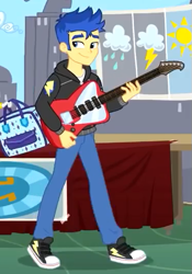 Size: 373x534 | Tagged: safe, imported from derpibooru, screencap, flash sentry, best trends forever, equestria girls, equestria girls series, clothes, converse, cropped, electric guitar, guitar, hoodie, male, musical instrument, pants, shoes, smiling, sneakers, solo