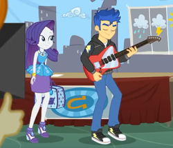 Size: 628x540 | Tagged: safe, imported from derpibooru, screencap, flash sentry, rarity, best trends forever, equestria girls, equestria girls series, bag, clothes, converse, cropped, electric guitar, eyes closed, female, geode of shielding, guitar, high heels, hoodie, male, musical instrument, pants, shoes, skirt, smiling, sneakers