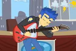 Size: 819x552 | Tagged: safe, imported from derpibooru, screencap, flash sentry, best trends forever, equestria girls, equestria girls series, clothes, cropped, electric guitar, eyes closed, guitar, hoodie, male, musical instrument, pants, smiling, solo