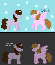 Size: 1024x1216 | Tagged: safe, artist:lazyy-llama, imported from derpibooru, oc, oc only, oc:confetti surprise, oc:kindheart, pegasus, pony, unicorn, kindverse, comic, dialogue, offspring, parent:cheese sandwich, parent:pinkie pie, parents:cheesepie
