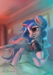 Size: 1024x1448 | Tagged: safe, artist:louislithium, imported from derpibooru, oc, oc only, alicorn, pony, alicorn oc, blurred background, blurry background, clothes, commission, female, glasses, mare, open mouth, shirt, signature, solo