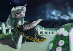 Size: 2953x2079 | Tagged: safe, artist:louislithium, imported from derpibooru, oc, oc only, alicorn, bat pony, pony, alicorn oc, bat pony oc, clothes, commission, female, fence, flower, mare, night, rose, signature, slit eyes, slit pupils, solo