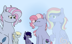 Size: 1024x622 | Tagged: safe, artist:lazyy-llama, imported from derpibooru, oc, oc only, oc:amethyst rose, oc:paint swirl, oc:purple poetry, oc:turquoise edge, oc:zephyr breeze, earth pony, ghost, pegasus, pony, kindverse, magical lesbian spawn, offspring, parent:limestone pie, parent:oc:paint swirl, parent:oc:turquoise edge, parent:rainbow dash, parent:soarin', parent:zephyr breeze, parents:soarindash, parents:zephyrstone