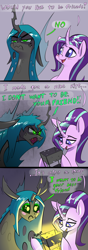 Size: 1200x3412 | Tagged: safe, artist:underpable, imported from derpibooru, queen chrysalis, starlight glimmer, changeling, changeling queen, pony, behaving like a moth, blush sticker, blushing, bug horse, bugs doing bug things, changelings in the comments, comic, cross-popping veins, curved horn, dialogue, female, horn, lamp, mare, shiny, smiling, speech bubble
