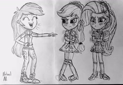 Size: 3048x2121 | Tagged: safe, artist:michaelmaddox222, imported from derpibooru, applejack, rainbow dash, rarity, human, equestria girls, black and white, bondage, clothes, converse, embarrassed, female, fetish, grayscale, lost bet, maid, monochrome, outfit, pants, pencil drawing, shoes, sketch, story included, straitjacket, traditional art