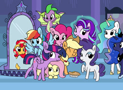 Size: 1280x944 | Tagged: safe, artist:tjpones, imported from derpibooru, applejack, fluttershy, pinkie pie, princess celestia, princess luna, rainbow dash, rarity, spike, starlight glimmer, sunset shimmer, twilight sparkle, twilight sparkle (alicorn), alicorn, dragon, earth pony, pegasus, pony, unicorn, :d, alternate mane seven, aweeg*, c:, crown, ear fluff, eating, eyes closed, female, food, hat, horseshoes, jewelry, levitation, magic, magic glow, magic mirror, male, mane nine, mane seven, mane six, mare, peytral, pie, raised hoof, regalia, royal sisters, self-levitation, smiling, spread wings, telekinesis, winged spike, wings