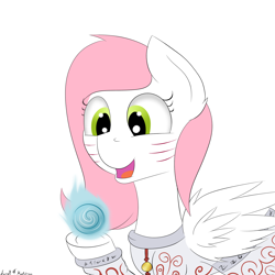 Size: 2000x2000 | Tagged: safe, artist:luriel maelstrom, deleted from derpibooru, imported from derpibooru, oc, oc only, oc:sugar morning, pegasus, pony, ahri, clothes, cosplay, costume, dress, face paint, female, league of legends, magic, orb, signature, simple background, solo, video game reference, white background