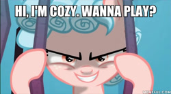 Size: 600x330 | Tagged: safe, edit, edited screencap, imported from derpibooru, screencap, cozy glow, pegasus, pony, school raze, season 8, spoiler:s08, bars, child's play, chucky, evil grin, female, filly, foal, freckles, grin, image macro, meme, memeful.com, narrowed eyes, pure concentrated unfiltered evil of the utmost potency, smiling, solo, text, wanna be friends?