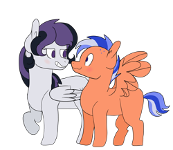 Size: 1024x890 | Tagged: safe, artist:lazyy-llama, imported from derpibooru, oc, oc only, oc:night valley, oc:orange soda, pegasus, pony, kindverse, female, height difference, magical gay spawn, male, offspring, offspring's offspring, parent:oc:dusk star, parent:oc:firework, parent:oc:moonstone, parent:oc:velvet shade, simple background, straight, transparent background