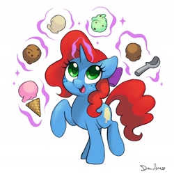 Size: 1934x1934 | Tagged: safe, artist:dawnfire, imported from derpibooru, oc, oc only, oc:creamsicle delight, pony, unicorn, cone, cute, female, food, ice cream, ice cream cone, magic, mare, open mouth, simple background, solo, white background