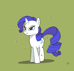 Size: 720x687 | Tagged: safe, artist:docwario, imported from derpibooru, rarity, fly, pony, unicorn, school raze, angry, animated, female, flies, green background, horses doing horse things, mare, raritober, simple background, tail flip, tail wag