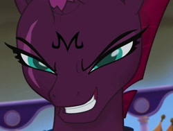 Size: 1061x804 | Tagged: safe, edit, edited screencap, imported from derpibooru, screencap, tempest shadow, pony, unicorn, my little pony: the movie, broken horn, corrupted, cropped, dragon ball, dragon ball z, equestria is doomed, evil grin, eye scar, female, grin, horn, majin, mare, possessed, scar, slasher smile, smiling, xk-class end-of-the-world scenario