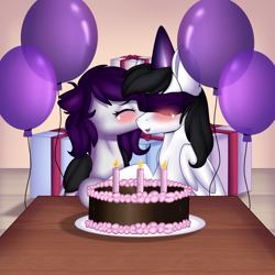 Size: 1500x1500 | Tagged: safe, artist:xcinnamon-twistx, deleted from derpibooru, imported from derpibooru, oc, oc:cinnamon twist, oc:first choice, balloon, birthday, birthday candles, blindfold, blushing, cake, couple, cute, female, food, gift art, gift giving, male, straight