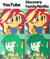 Size: 720x843 | Tagged: safe, imported from derpibooru, sunset shimmer, wallflower blush, equestria girls, equestria girls series, forgotten friendship, blushing, book, color error, comparison, discovery family, netflix, youtube