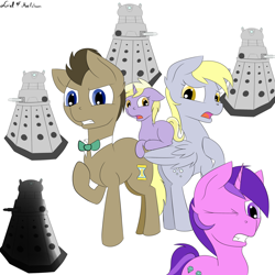 Size: 2000x2000 | Tagged: safe, artist:luriel maelstrom, imported from derpibooru, amethyst star, derpy hooves, dinky hooves, doctor whooves, sparkler, time turner, earth pony, pegasus, pony, unicorn, bowtie, canon, dalek, doctor who, female, male, scared, signature, simple background, surrounded, the doctor, white background