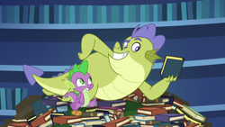 Size: 1280x720 | Tagged: safe, imported from derpibooru, screencap, sludge (dragon), spike, dragon, father knows beast, book, sludge (g4), winged spike, wings