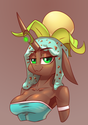 Size: 2480x3508 | Tagged: safe, artist:underpable, imported from derpibooru, oc, oc only, oc:physalis, anthro, changeling, changeling queen, food pony, original species, armpits, breasts, bust, changeling queen oc, chocolate, cleavage, clothes, dress, female, food, ice cream, mint, mint chocolate chip, solo