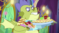 Size: 1280x720 | Tagged: safe, imported from derpibooru, screencap, sludge (dragon), dragon, father knows beast, apple, cake, food, male, pie, sludge (g4), solo