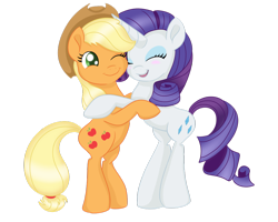 Size: 1024x819 | Tagged: safe, artist:sparkleshadow, imported from derpibooru, applejack, rarity, earth pony, pony, unicorn, bipedal, cute, eyes closed, eyeshadow, female, hug, jackabetes, lesbian, makeup, one eye closed, open mouth, raribetes, rarijack, shipping, simple background, transparent background