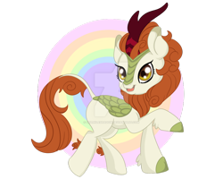 Size: 1024x819 | Tagged: safe, artist:sparkleshadow, imported from derpibooru, autumn blaze, kirin, sounds of silence, awwtumn blaze, cute, female, mare, obtrusive watermark, open mouth, rainbow, raised hoof, simple background, solo, transparent background, watermark